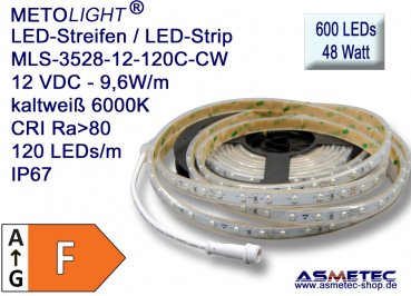LED-Streifen 3528, kaltweiß 12 VDC, 600 LEDs, 48 W, IP67, 5 m lang