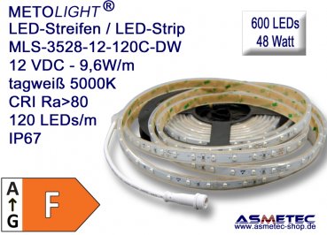 LED-Streifen 3528, tagweiß 12 VDC, 600 LEDs, 48 W, IP67, 5 m lang