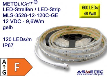 LED-Streifen 3528, gelb, 12 VDC, 600 LEDs, 48 W, IP67, 5 m lang