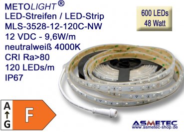 LED-Streifen 3528, neutralweiß 12 VDC, 600 LEDs, 48 W, IP67, 5 m lang