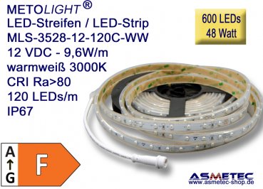 LED-Streifen 3528, warmweiß 12 VDC, 600 LEDs, 48 W, IP67, 5 m lang