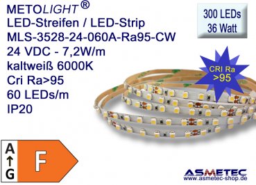 LED-Streifen 3528, kaltweiß, CRI Ra95, 24 VDC, 300 LEDs, 36 Watt, IP20, 5 m lang
