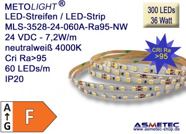 LED strip 3528, nature white, CRI Ra95, 24 VDC, 300 LEDs, 36 Watt, IP20, 5 m length