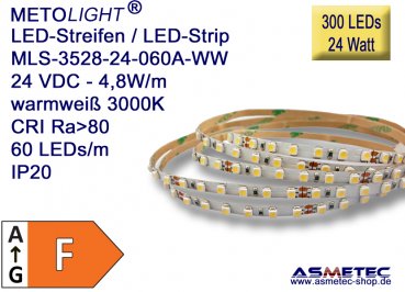 LED strip 3528, warm white, 24 VDC, 300 LEDs, 24 W,  IP20, 5 m length