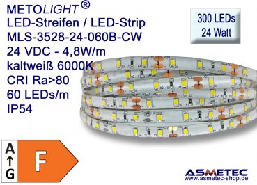 LED strip 3528, cold white, 24 VDC, 300 LEDs, 24 W,  IP54, 5 m length