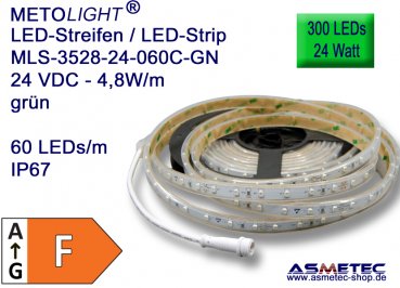 LED-Streifen 3528, grün, 24 VDC, 300 LEDs, 24 W, IP67, 5 m lang