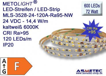 LED-Streifen 3528, kaltweiß, CRI Ra95, 24 VDC, 600 LEDs, 72 Watt, IP20, 5 m lang
