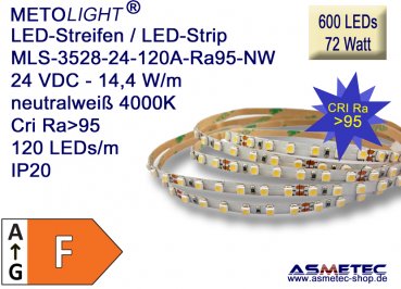 LED strip 3528, nature white, CRI Ra95, 24 VDC, 600 LEDs, 72 Watt, IP20, 5 m length