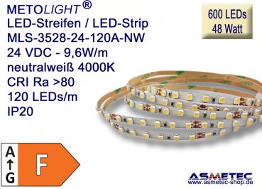 LED strip 3528, nature white,  24 VDC, 600 LEDs, 48 W, IP20, 5 m length