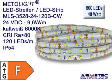 LED strip 3528, cold white, 24 VDC, 600 LEDs, 48 W,  IP54, 5 m length