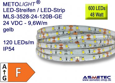 LED strip 3528, yellow, 24 VDC, 600 LEDs, 48 W,  IP54, 5 m length