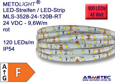 LED strip 3528, red, 24 VDC, 600 LEDs, 48 W,  IP54, 5 m length