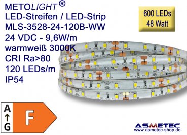 LED strip 3528, warm white, 24 VDC, 600 LEDs, 48 W,  IP54, 5 m length