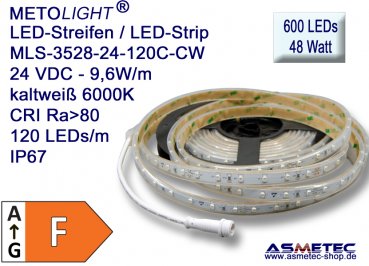 LED-Streifen 3528, kaltweiß, 24 VDC, 600 LEDs, 48 W, IP67, 5 m lang