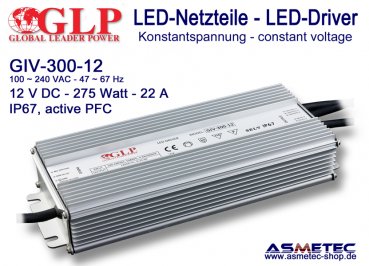 LED driver GLP GIV-300-12, 12 Volt DC, 275 Watt, PFC