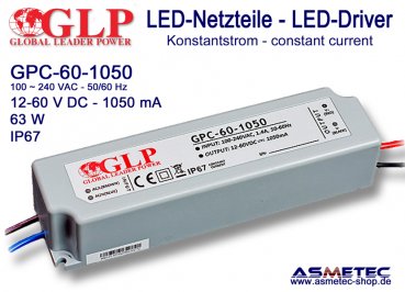 GLP GPC-60-1050, 1050 mA, 12-60 VDC, 63 Watt, IP67