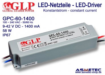 GLP GPC-60-1400, 1400 mA,  9-42 VDC, 58 Watt, IP67