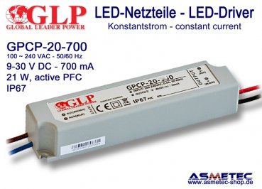 GLP GPCP-20-700, 700 mA,  9-30 VDC, 21 Watt, PFC, IP67