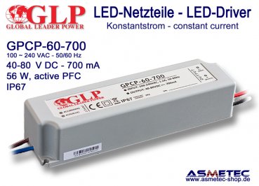 GLP GPCP-60-700, 700 mA,  40-80 VDC, 56 Watt, PFC, IP67