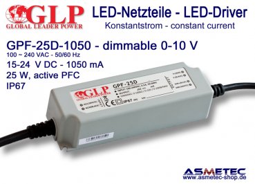 Schaltnetzteil GLP GPF-25D-1050, 1050 mA, 15-24 VDC, 25 Watt, dimmbar, IP67