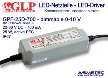 GLP GPF-25D-700, 700 mA,  22-36 VDC, 25 Watt, dimmable, IP67