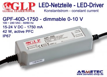 GLP GPF-40D-1750, 1750 mA,  15-24 VDC, 42 Watt, dimmable, IP67