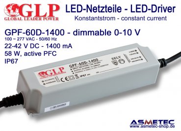 GLP GPF-60D-1400, 1400 mA,  22-42 VDC, 58 Watt, dimmable, IP67