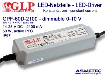 GLP GPF-60D-2100, 2100 mA,  14-28 VDC, 58 Watt, dimmable, IP67