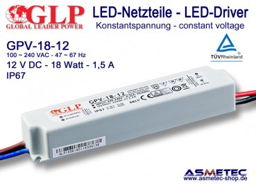 Schaltnetzteil GLP GPV-18-12, 12 Volt DC, 18 Watt, IP67, TÜV