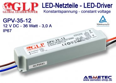 Schaltnetzteil GLP GPV-35-12, 12 Volt DC, 36 Watt, IP67, TÜV