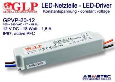 Schaltnetzteil GLP GPVP-20-12, 12 Volt DC, 18 Watt, IP67, PFC