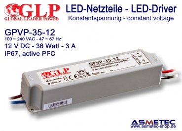 Schaltnetzteil GLP GPVP-35-12, 12 Volt DC, 36 Watt, IP67, PFC