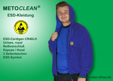 Metoclean ESD-Cardigan CR48LH-RB-S, long sleeves, hood, royal blue, size S