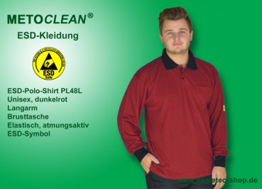 Metoclean ESD-Poloshirt PL48L-DR-XL, Langarm, dunkelrot, Größe XL