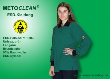 METOCLEAN ESD-Polo-Shirt PL96L, dark green, long sleeves, unisex - www.asmetec-shop.de