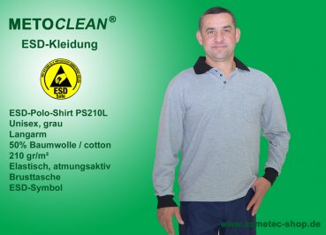 METOCLEAN ESD-Polo-Shirt PS210L-GR, grey, long sleeves, unisex - www.asmetec-shop.de