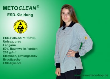 METOCLEAN ESD-Polo-Shirt PS210L-GR, grey, long sleeves, unisex - www.asmetec-shop.de