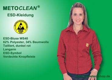 Metoclean ESD-Bluse WS40-DR-XS, dunkel rot, Größe XS