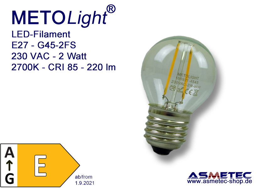 LED-Filament, E27, Globe 45, 2 class A++ - Asmetec LED Technology