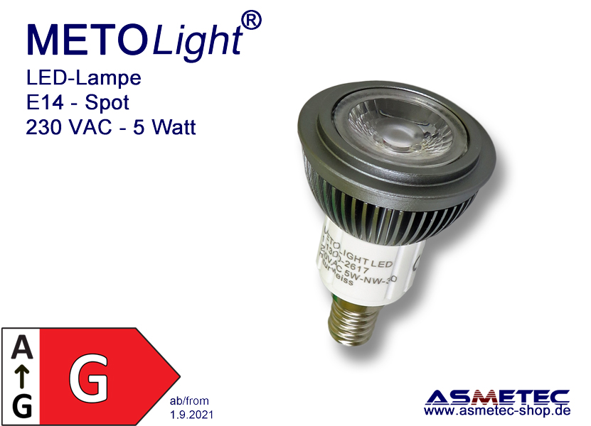E14, 5 Watt, 30°, Energy class A++ Asmetec LED Technology