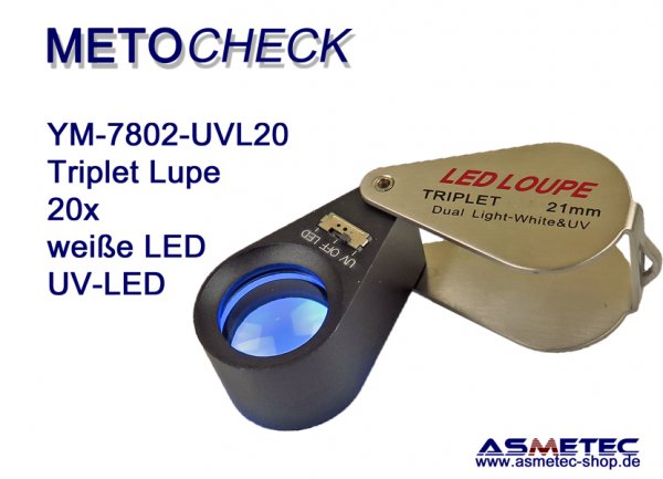 METOCHECK-YM7802-UV-LED, 20fach aplanat Triplet-Lupe mit UV-LED