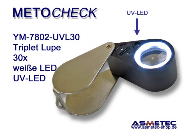METOCHECK-YM7802-UV-LED, 30fach aplanat Triplet-Lupe mit UV-LED