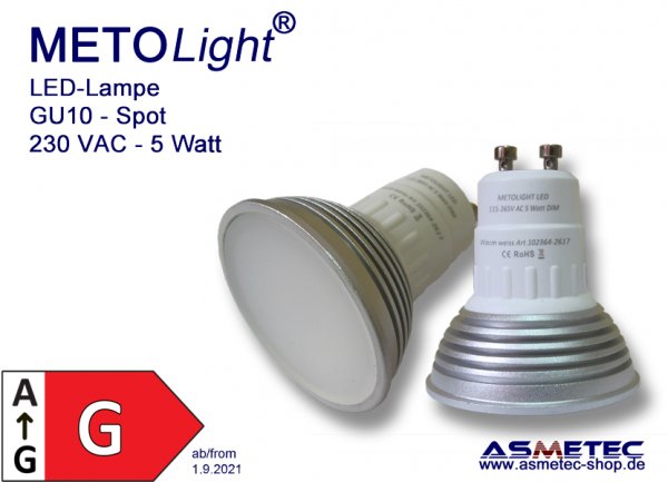 GU10, 5W W, 100°, white, 350 lm, 230 V AC, - Asmetec LED Technology
