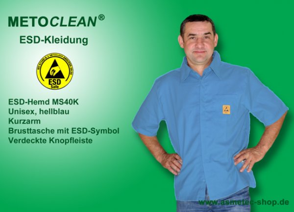 METOCLEAN ESD-Hemd MS40K-LB, hellblau, Kurzarm - www.asmetec-shop.de