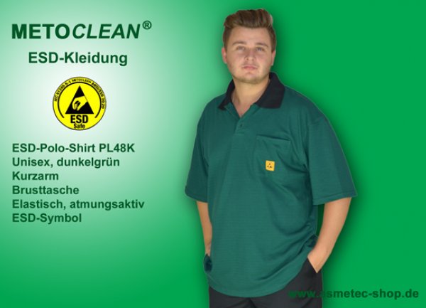 METOCLEAN ESD-Polo-Shirt PL48K-DG, green, short sleeves, unisex - www.asmetec-shop.de