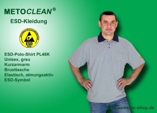 METOCLEAN ESD-Polo-Shirt PL48K-GR, grey, short sleeves, unisex - www.asmetec-shop.de