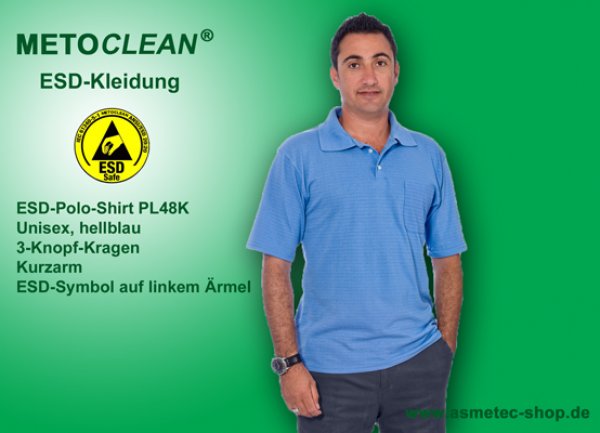 METOCLEAN ESD-Polo-Shirt PL48K-LB, light blue, short sleeves, unisex - www.asmetec-shop.de