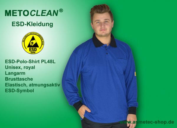 METOCLEAN ESD-Polo-Shirt PL48L-RB, royal blue, long sleeves, unisex - www.asmetec-shop.de
