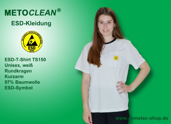 METOCLEAN ESD-T-Shirt TS150, white, short sleeves, unisex - www.asmetec-shop.de