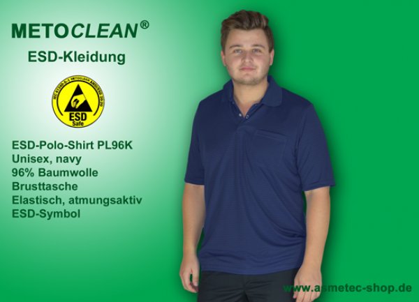 METOCLEAN ESD-Polo-Shirt PL96K, navy, short sleeves, unisex - www.asmetec-shop.de
